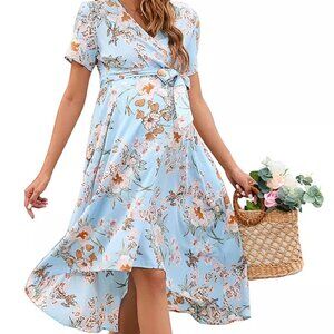 Maternity Dress For Women Cross V Neck Wrap Lanterntie High Waist A-line Flowy